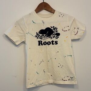 Roots Cream Short Sleeve Tee with Navy Beaver Graphic and Multicolor Splatter